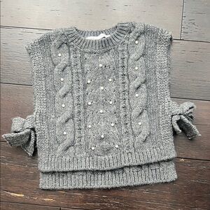 Zara Gray Cable Knit Sweater Vest with Pearl Accents